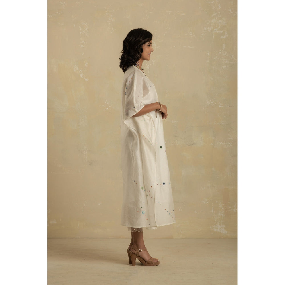 Charkhee Pearl White Chanderi Kaftan With Mirror Work