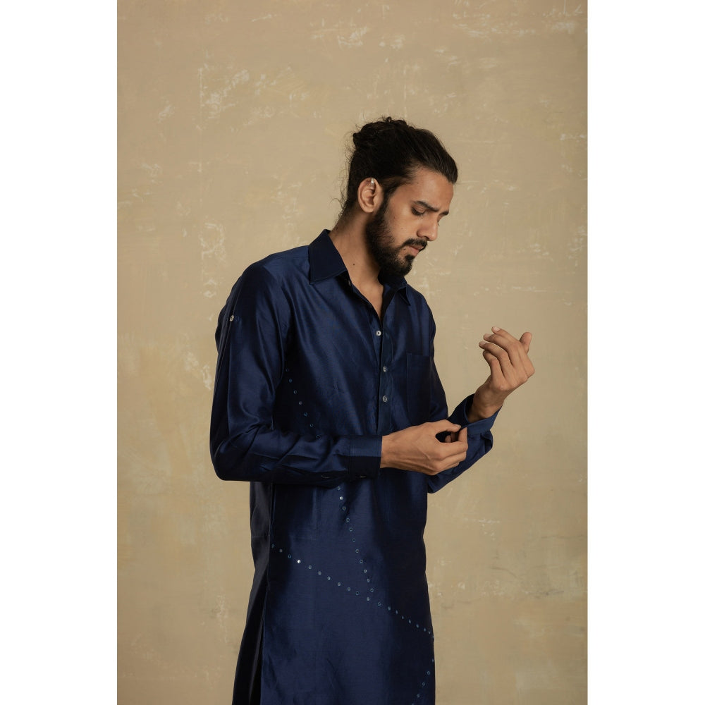 charkhee Men Sapphire Blue Pathani Kurta with Black Salwar (Set of 2)