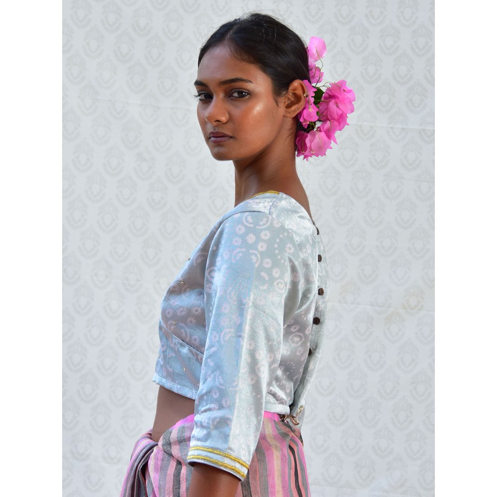 Chidiyaa Bougainvillea Baby Blue Handblock Printed Mashru Silk Blouse