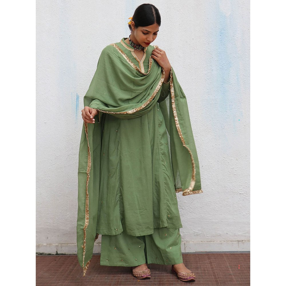 Chidiyaa Jugnu Akash Green Mulmul Cotton Kurta Pants with Dupatta (Set of 3)
