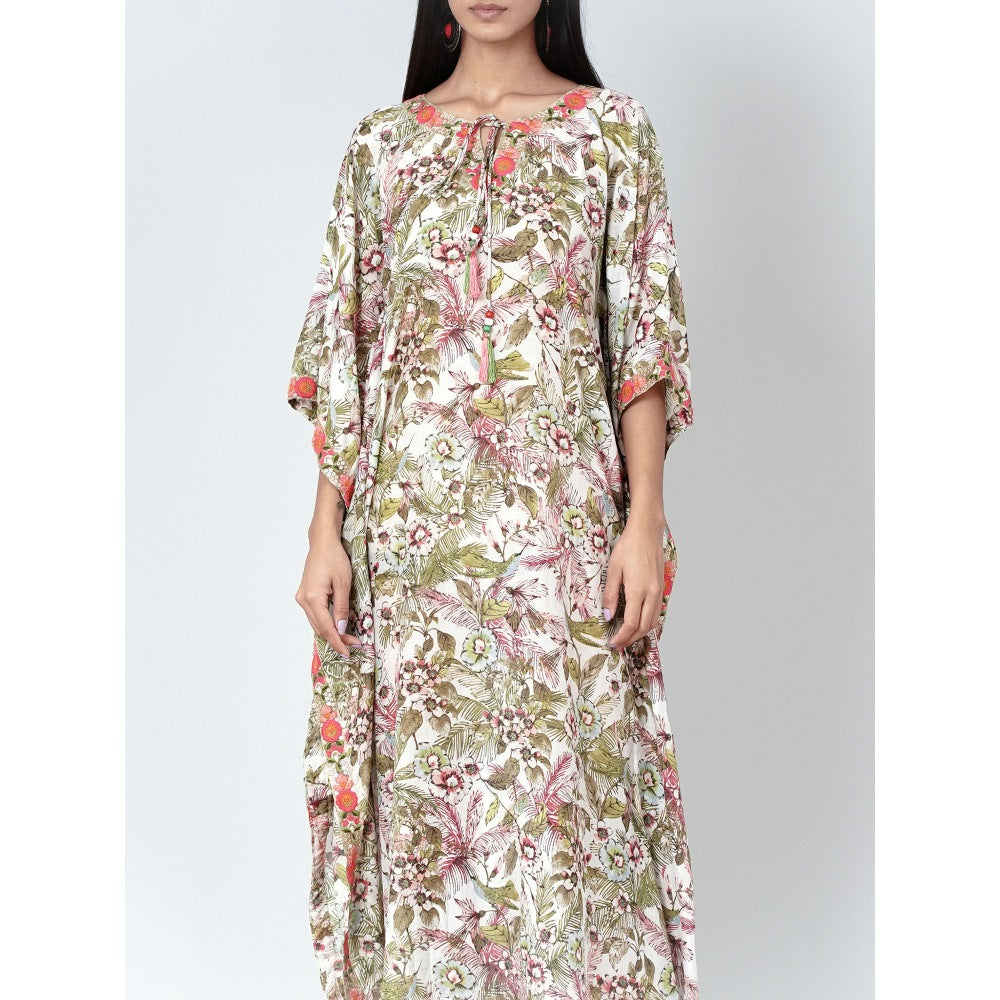 First Resort by Ramola Bachchan Green Floral Print Full Length Kaftan
