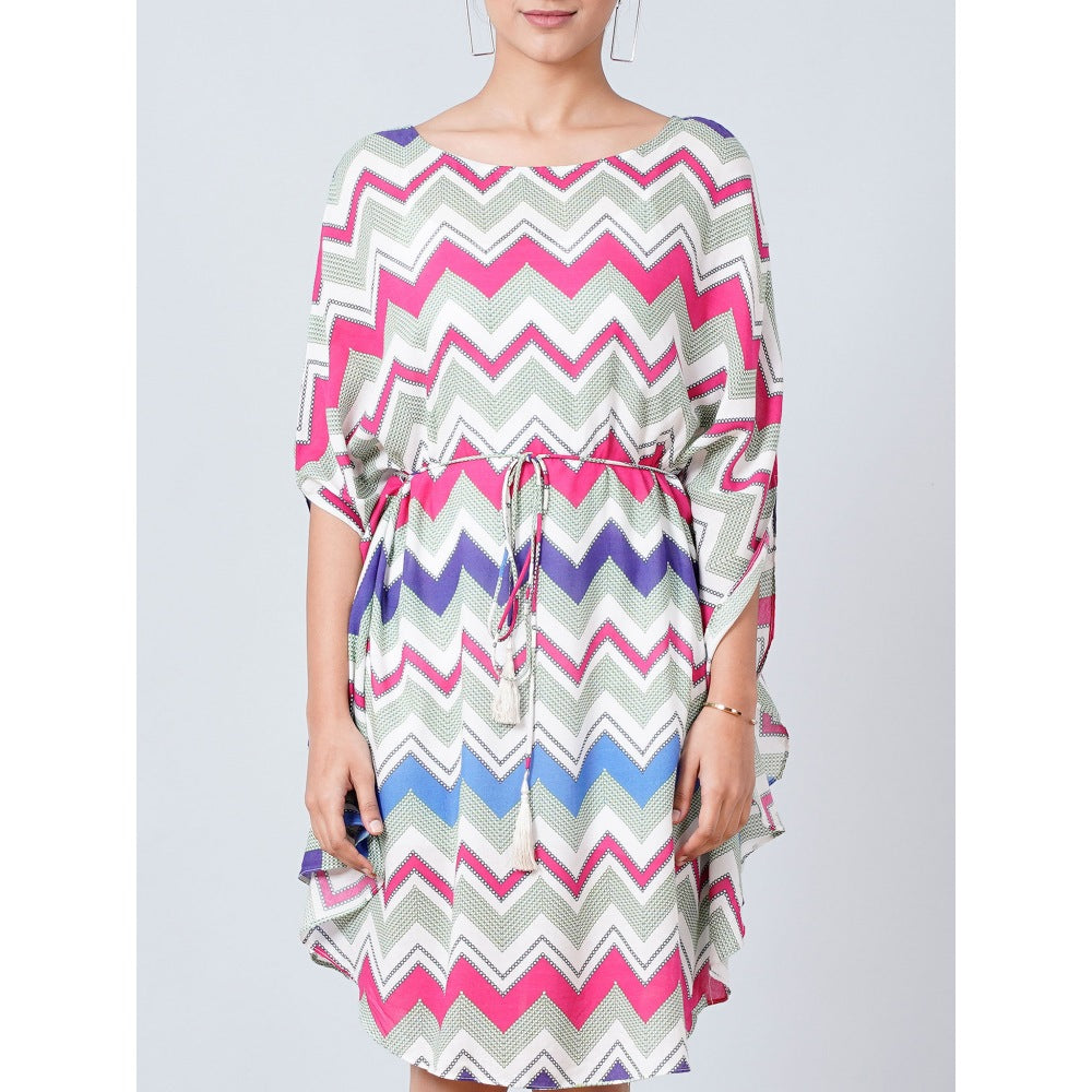 First Resort by Ramola Bachchan Pink and Blue Chevron Midi Dress With Belt (Set of 2)