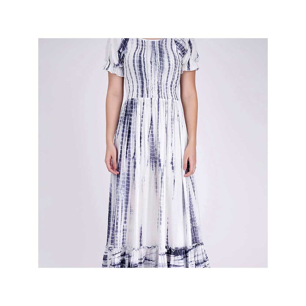 First Resort by Ramola Bachchan Indigo Tie-Dye Smocking Long Dress With Frill