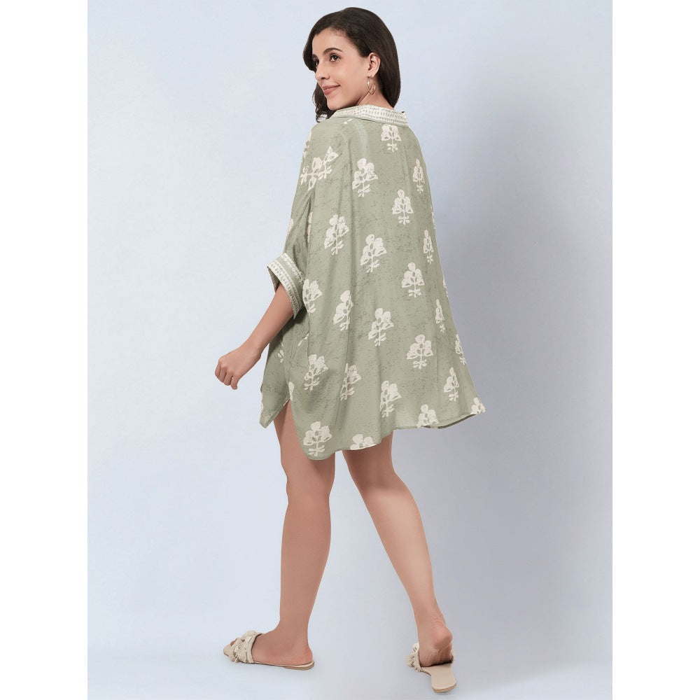 First Resort By Ramola Bachchan Sage Green And Ecru Floral Kaftan Mini Dress