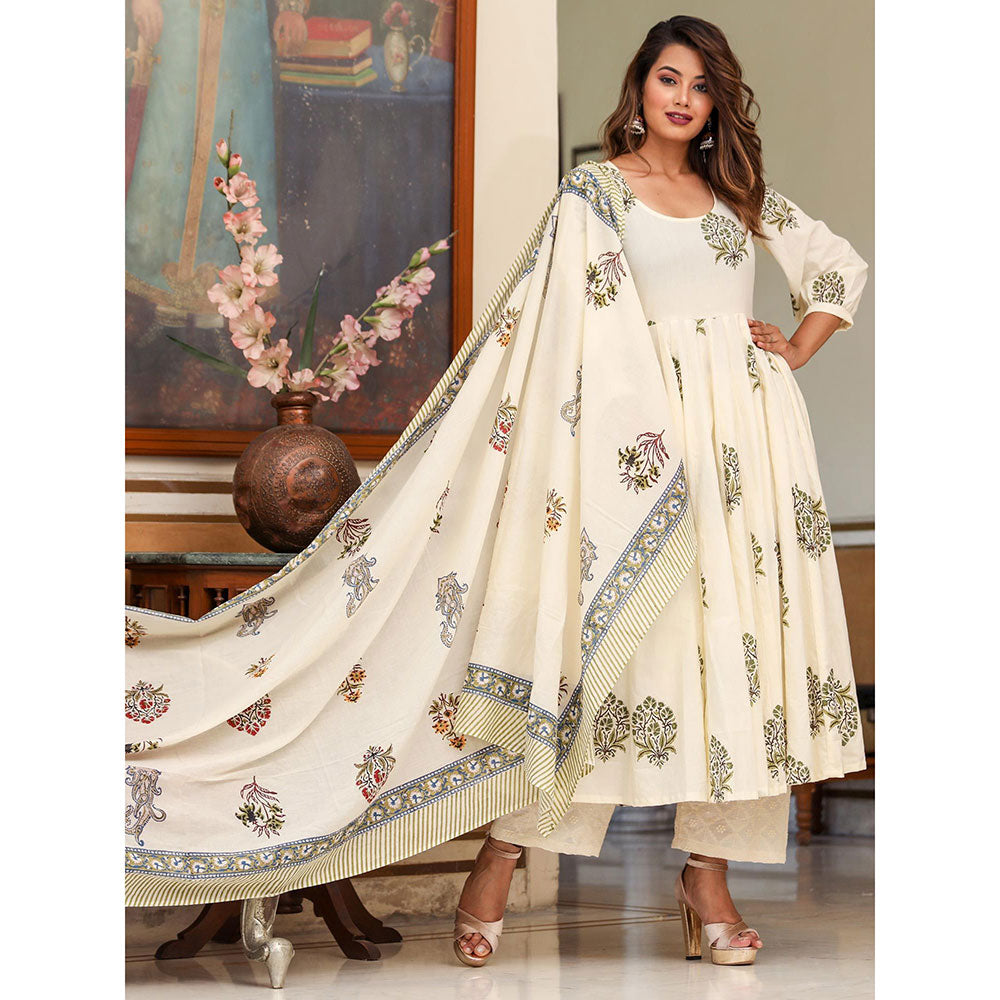 Gulabo Jaipur White Printed Anarkali And Pant With Dupatta (Set of 3)
