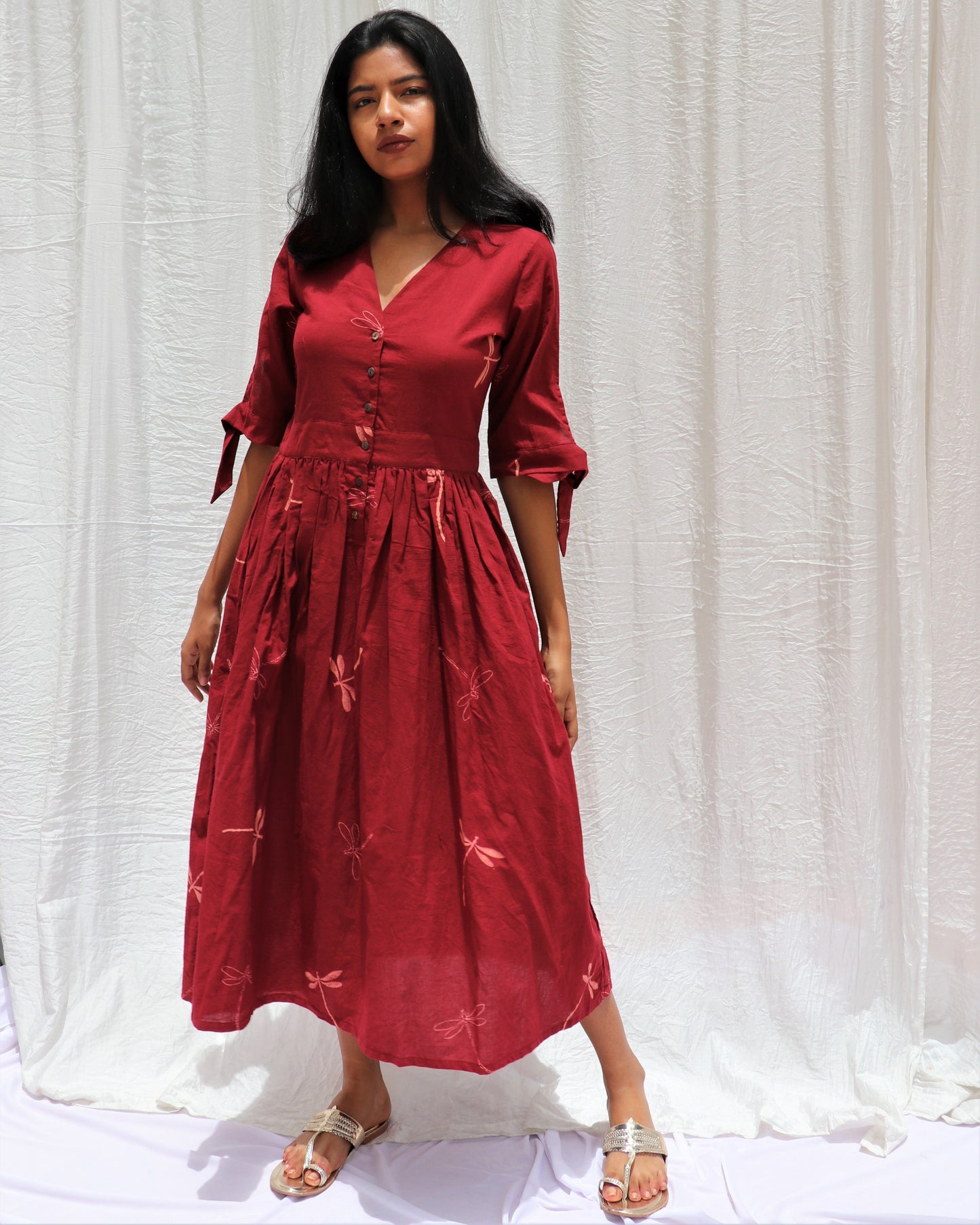 Chidiyaa Maroon Dragonfly Printed Cotton Dress Symphony