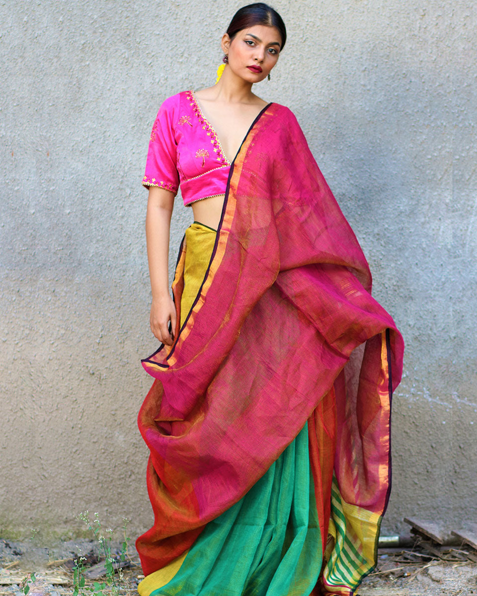 Chidiyaa Fitoor Multi-Color Handwoven Linen Zari Saree with Unstitched Blouse - Gazala