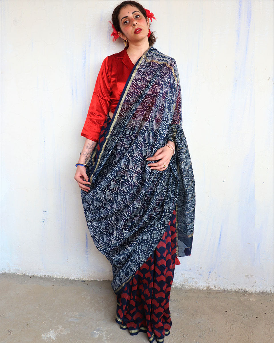 Chidiyaa Blue Chanderi Saree with Unstitched Blouse