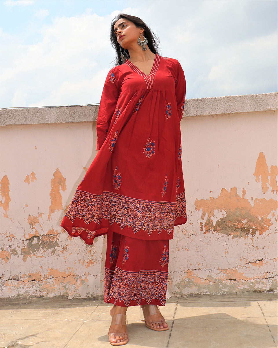 CHIDIYAA Red Block printed Kurta Set (Set of 2)