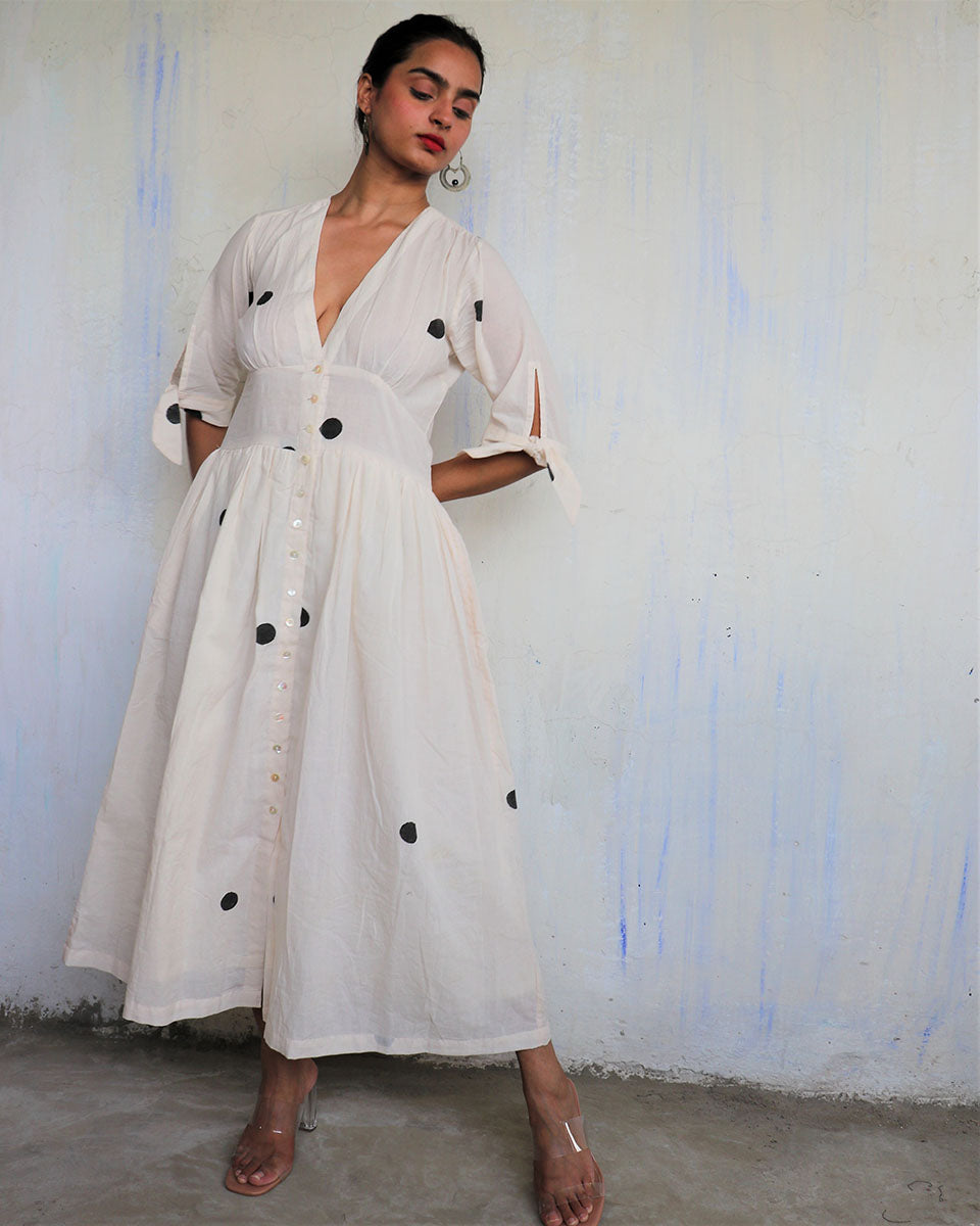 CHIDIYAA Ivory Pure Cotton Pola Dot Dress Mono