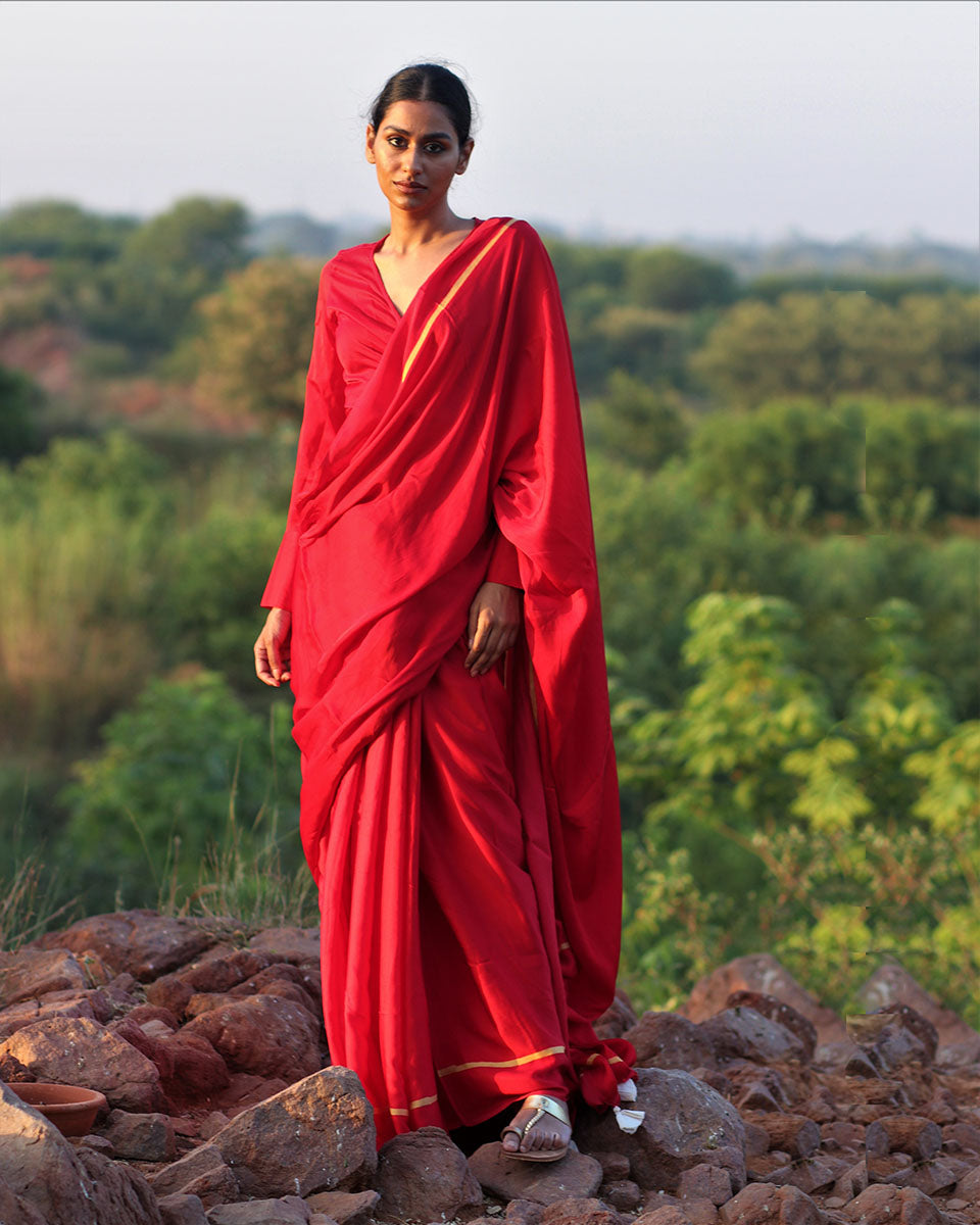 Chidiyaa Red Modal Silk Saree with Unstitched Blouse