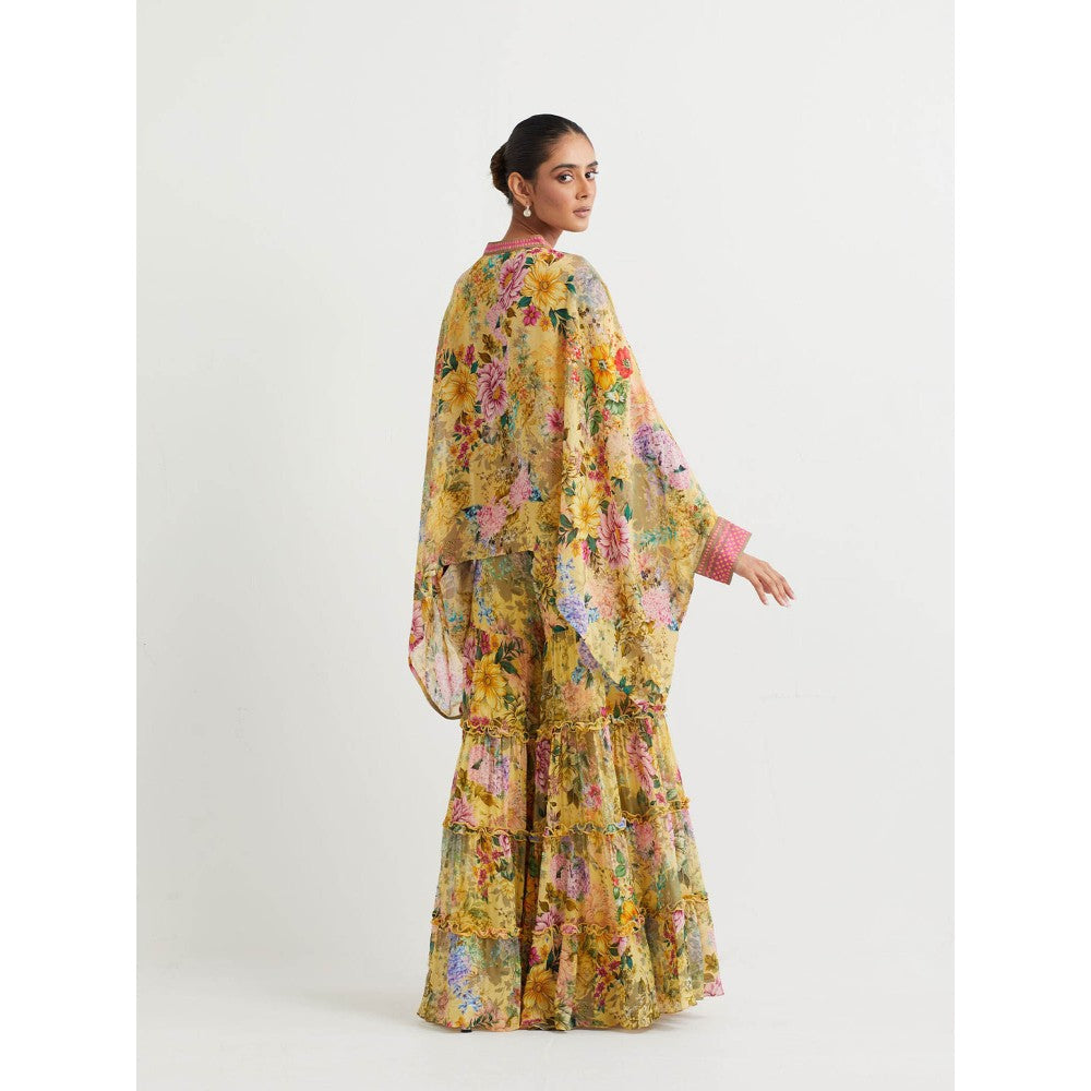 KAVITA BHARTIA Floral Poncho with Sharara in Yellow (Set of 2)