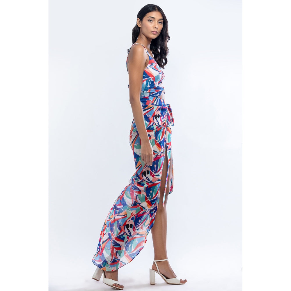 MANDIRA WIRK Lycra Printed Bodysuit with Chiffon Wrap Blue & Pink (Set of 2)