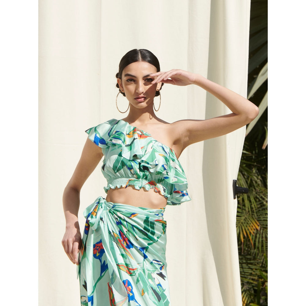 MANDIRA WIRK Crop Top Paired withPrinted Wrap Around Skirt Blue (Set of 2)