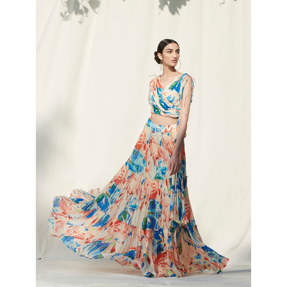Mandira Wirk Multi-Color Printed Chiffon Crop Top With Skirt (Set Of 2)