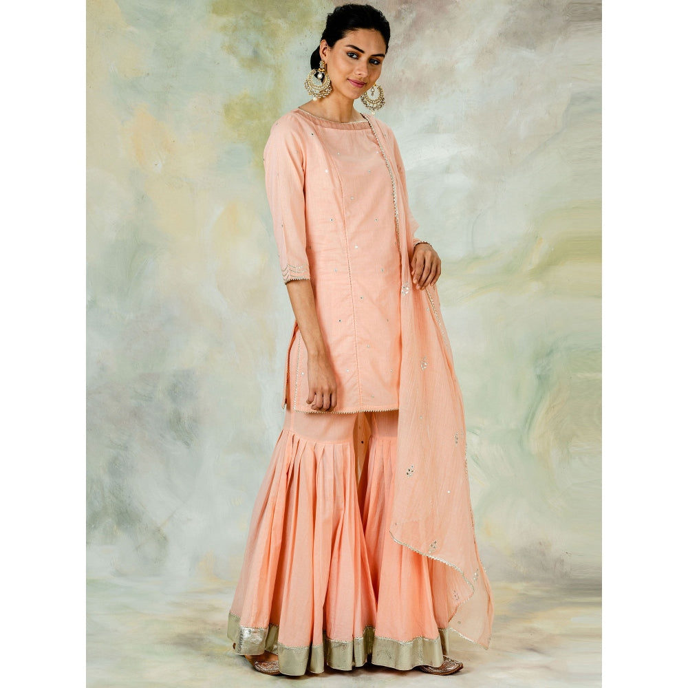 Mandira Wirk Short Peach Kurta With Gota Embroidery And Sharara & Dupatta (Set of 3)
