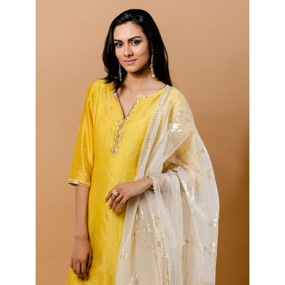 Mandira Wirk Yellow Hand Embroidered Kurta With Foil Printed Inner Dress & Dupatta (Set of 3)