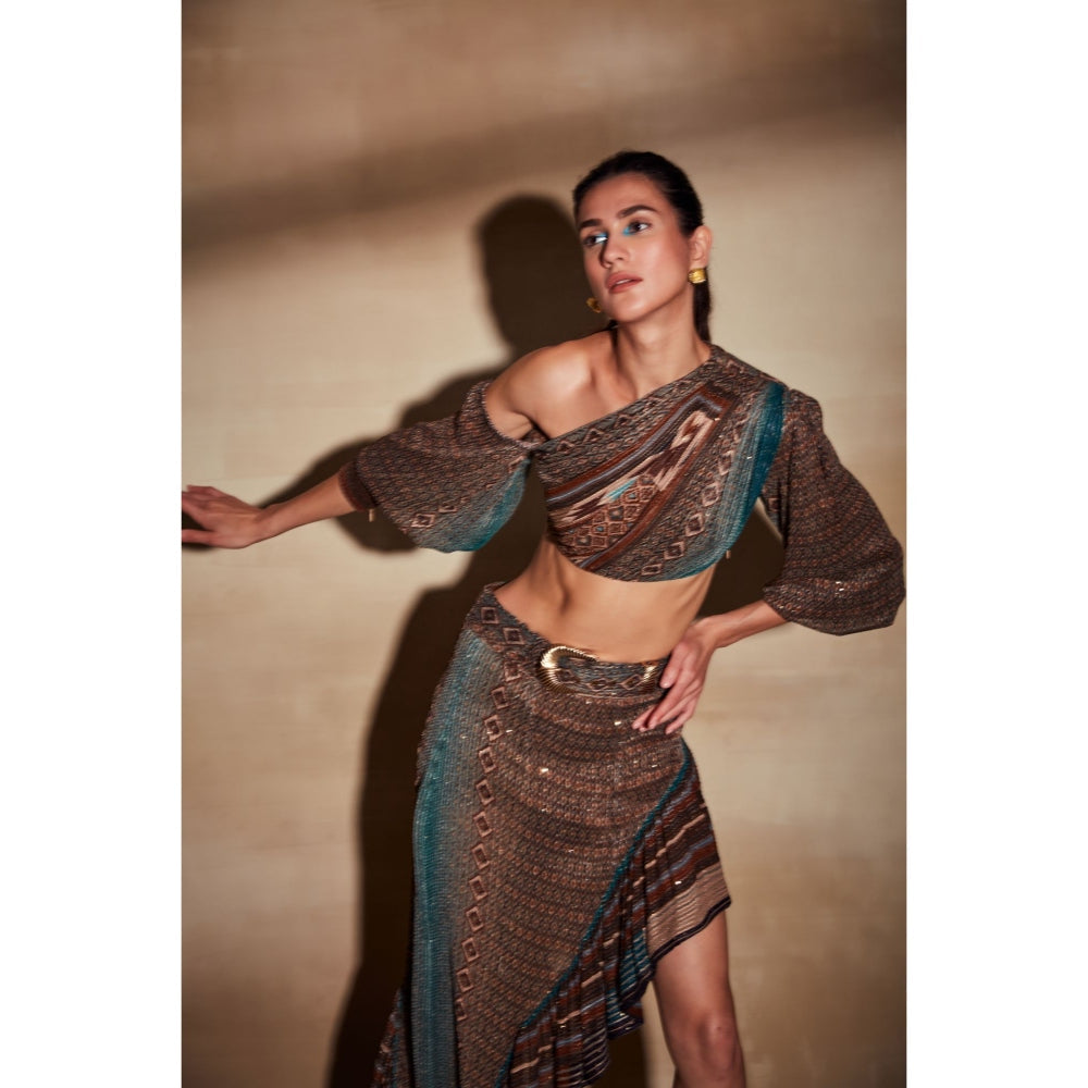 Nikita Mhaisalkar Tan Mix Print Hi-Low Skirt
