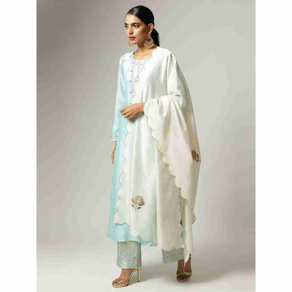 Anantaa Off White Silk Chanderi Floral Scalloped Dupatta