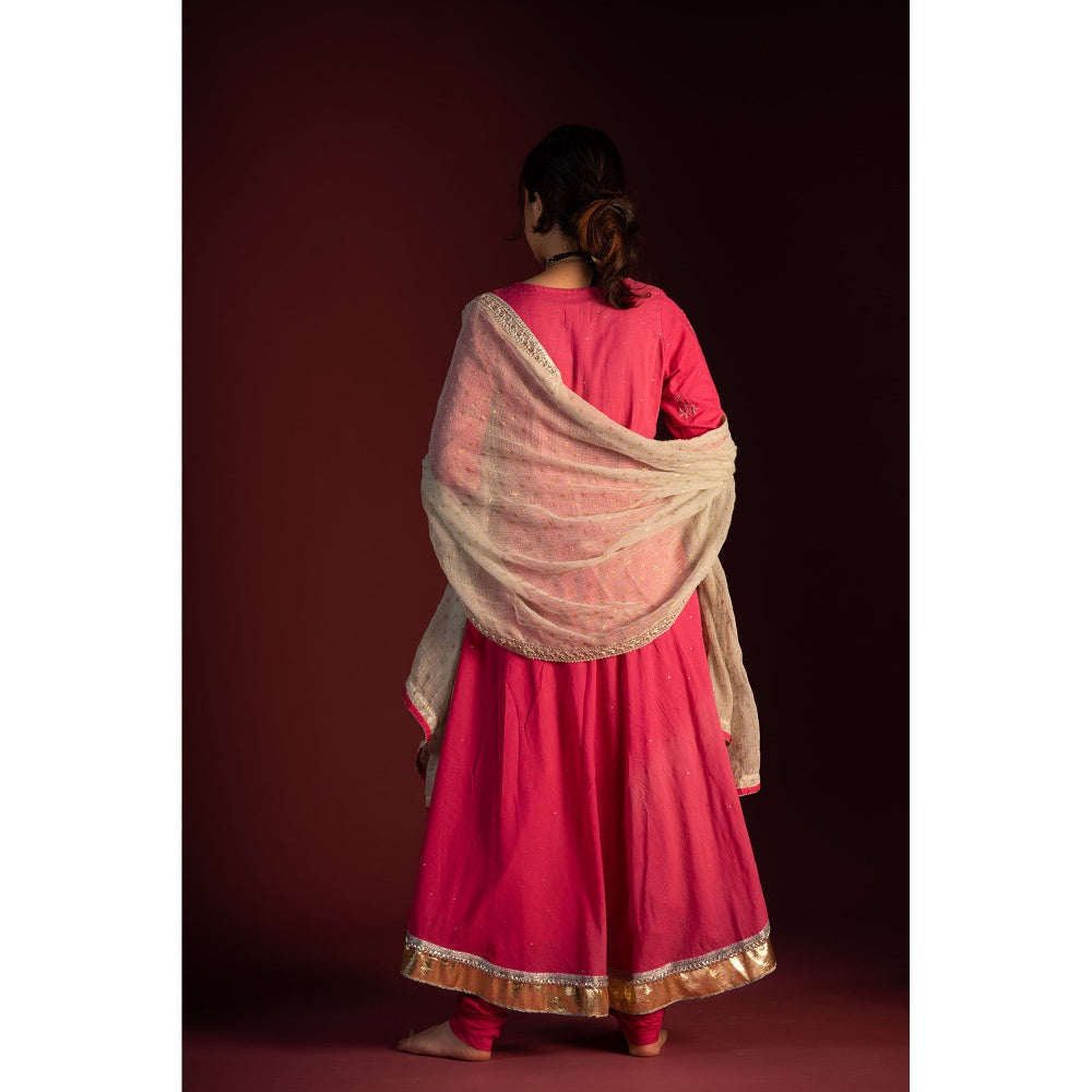 PANTS AND PAJAMAS Pink Mangal Chikan Kurta with Foil Print Dupatta (Set of 3)
