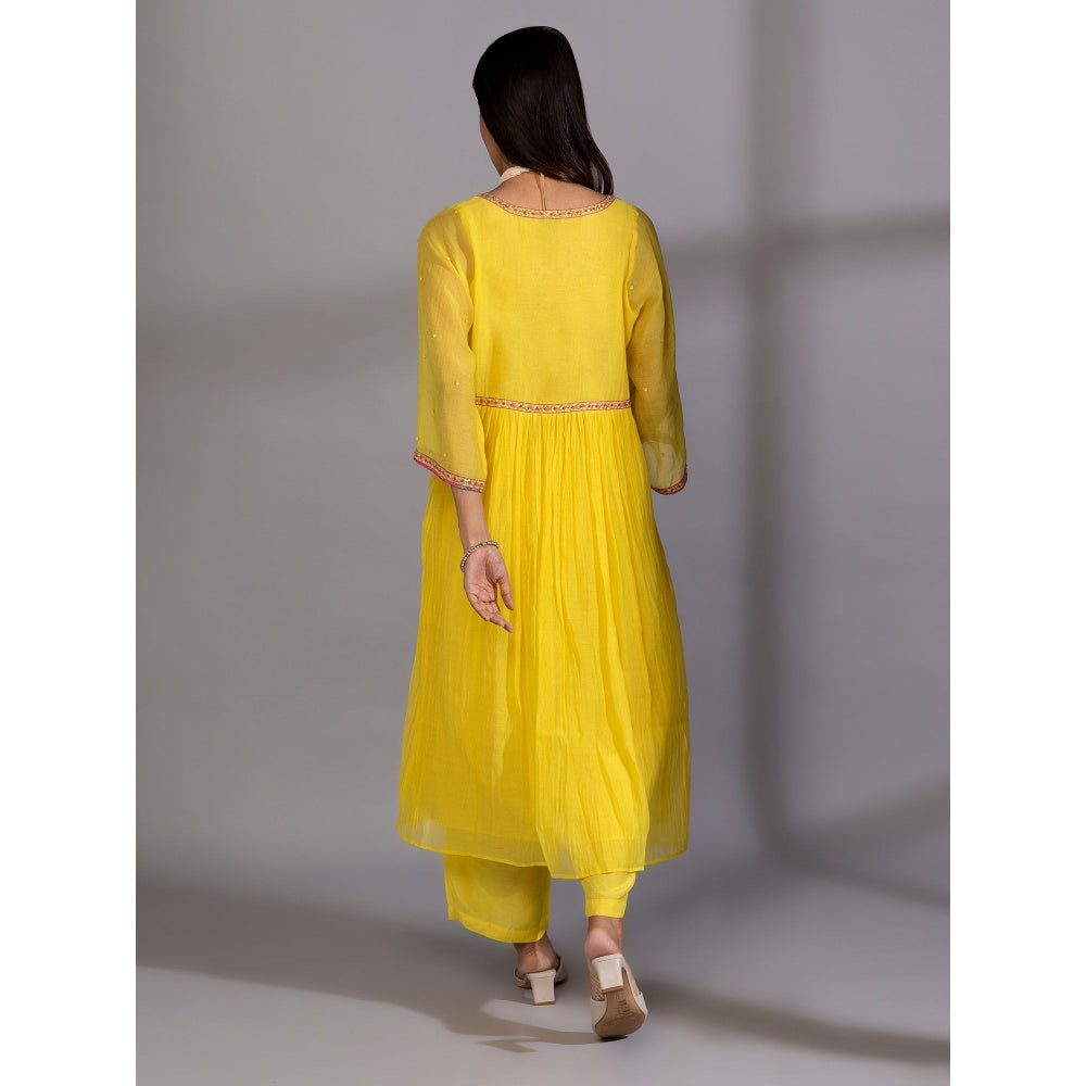 PANTS AND PAJAMAS Yellow Chanderi Embroidery Kurta