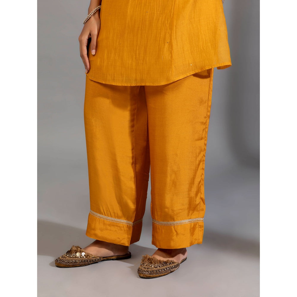 PANTS AND PAJAMAS Mustard Chanderi Embroidered Kurta & Pant (Set of 2)