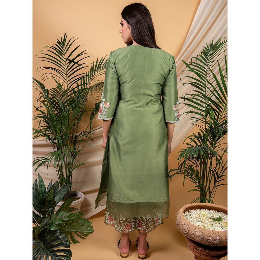 Priya Chaudhary Olive Embroidered Kurta and Palazzo with Dupatta (Set of 3)