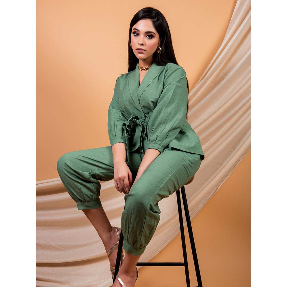 Priya Chaudhary Green Top Made With Cotton Linen And Pant (Set of 2)