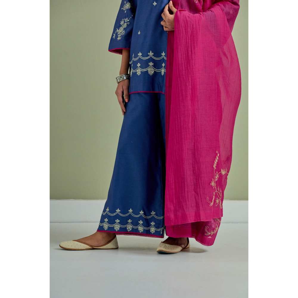 Priya Chaudhary Blue Embroidered Chanderi Silk Kurti Palazzo and Dupatta (Set of 3)