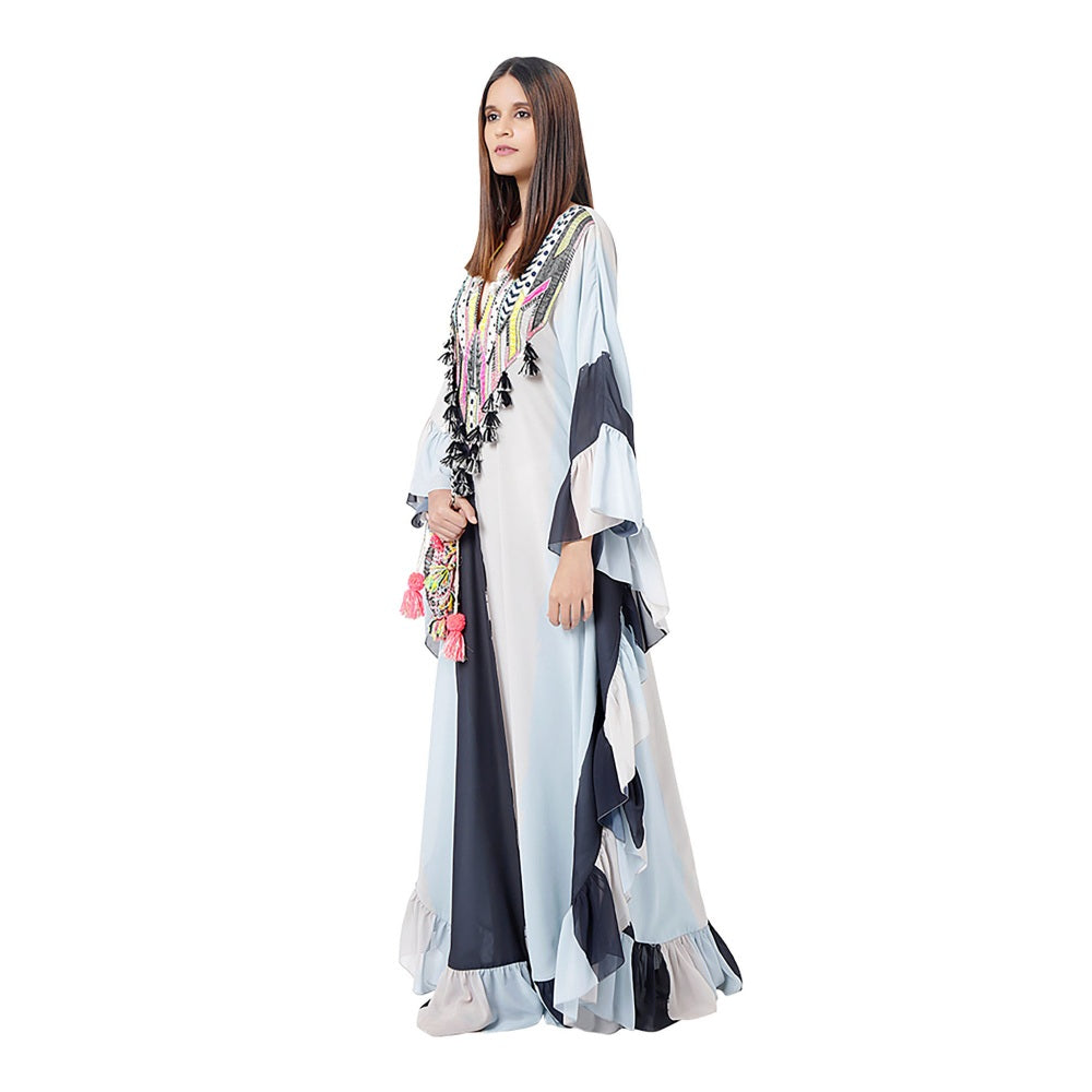PS Pret by Payal Singhal Saba Pale Blue Printed Art Georgette Embroidered Kaftaan