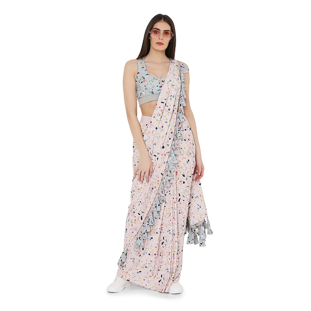 PS Pret by Payal Singhal Green Printed Choli With Pink Art Crepe Stitched Saree (Set of 2)