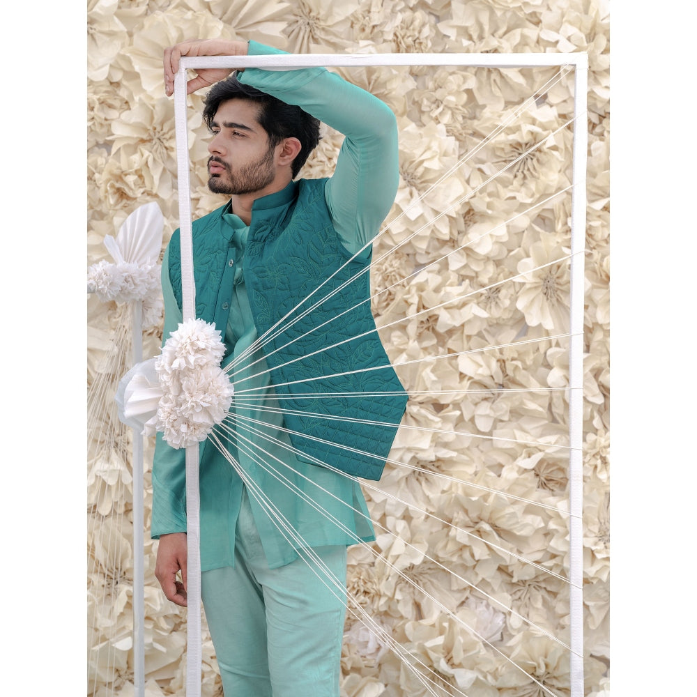 Runit Gupta Turqoise Bundi-Kurta (Set of 3)