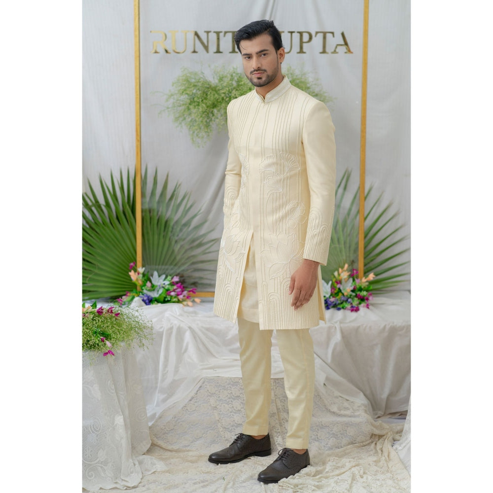 Runit Gupta Kian Cream Embroidered Sherwani Kurta with Pyjama (Set of 3)