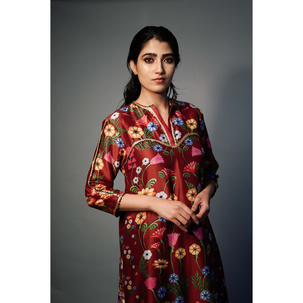 Saksham & Neharicka Maroon Printed Kurta In Chanderi (Set of 2)