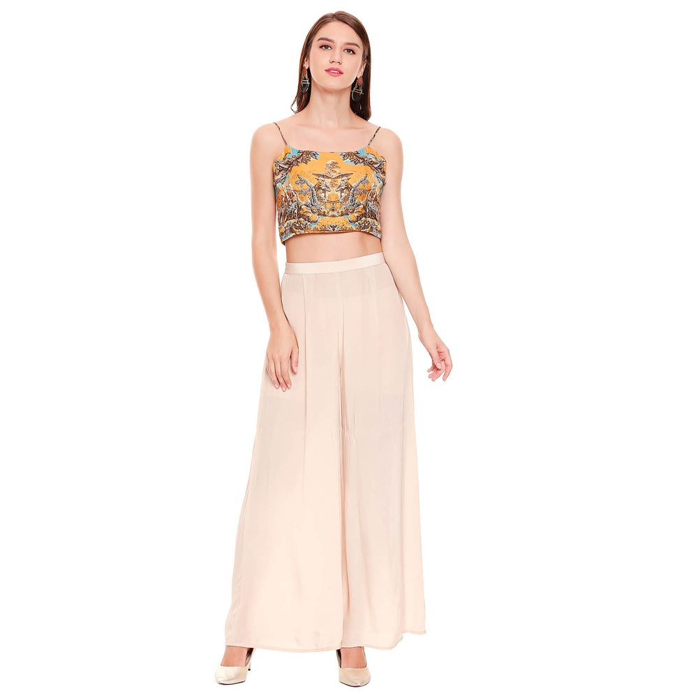 Soup by Sougat Paul Mustard Printed Crop Top With Jacket & Palazzo (Set of 2)