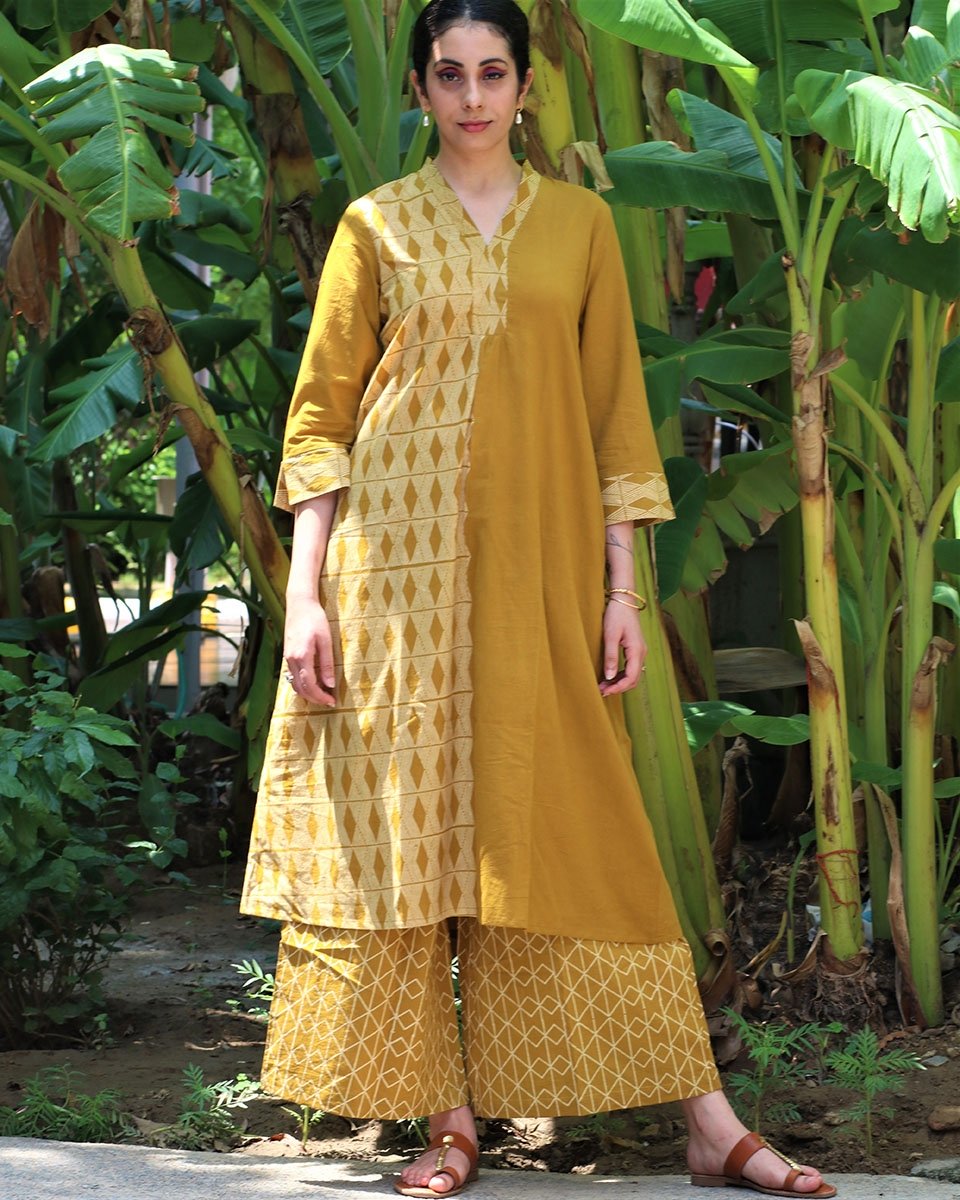 MUSTARD BLOCKPRINTED COTTON KURTA