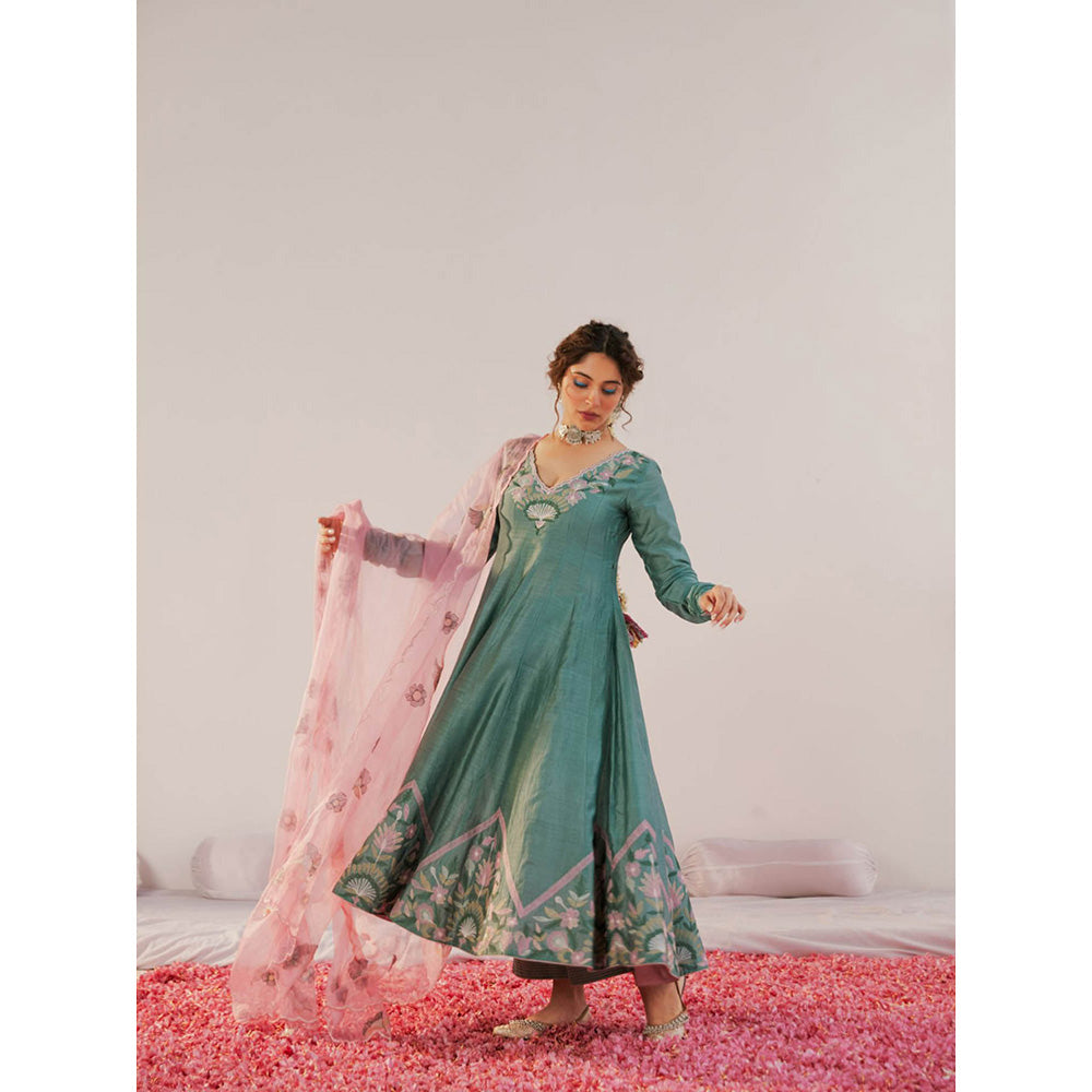 172 Threads Teal Zara Anarkali Kurta Pant & Dupatta (Set of 3)