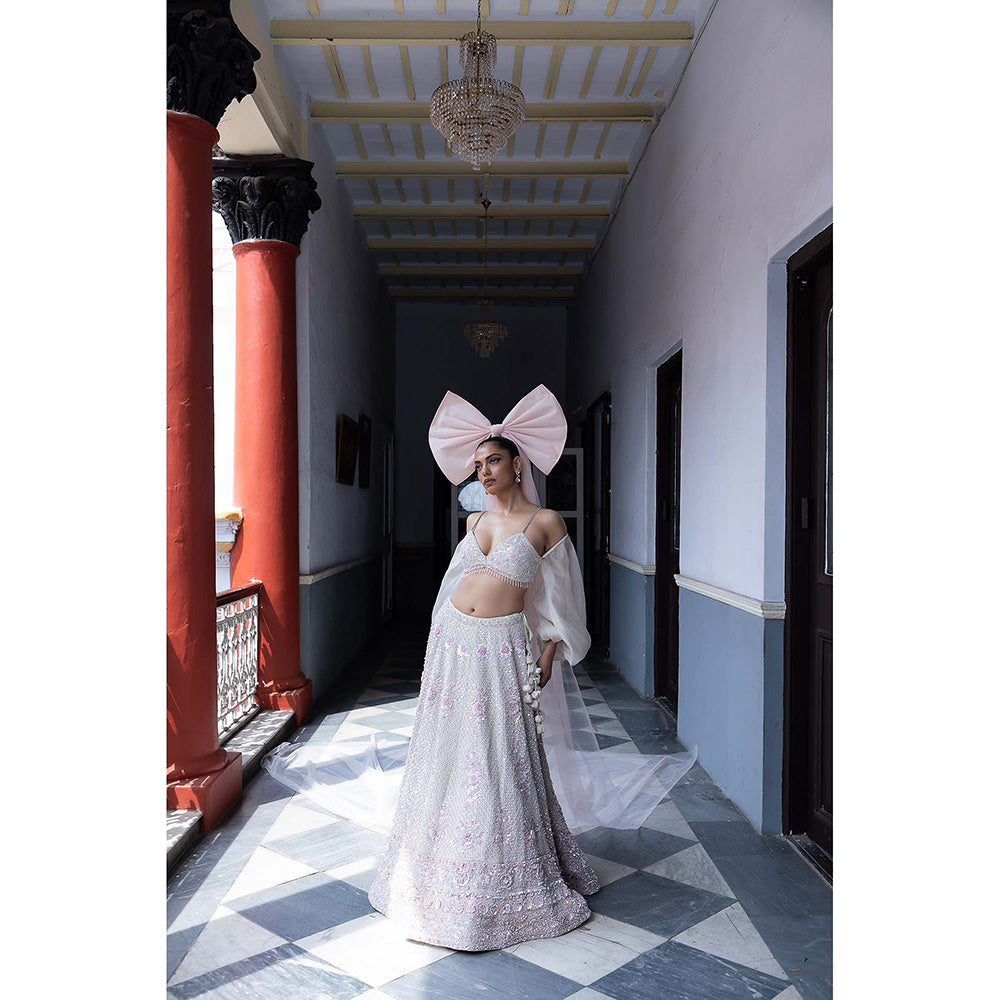 Aangan by Parul White Rose Enchantment Lehenga with Blouse and Dupatta (Set of 3)