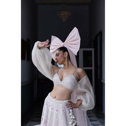 Aangan by Parul White Rose Enchantment Lehenga with Blouse and Dupatta (Set of 3)