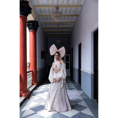 Aangan by Parul White Rose Enchantment Lehenga with Blouse and Dupatta (Set of 3)