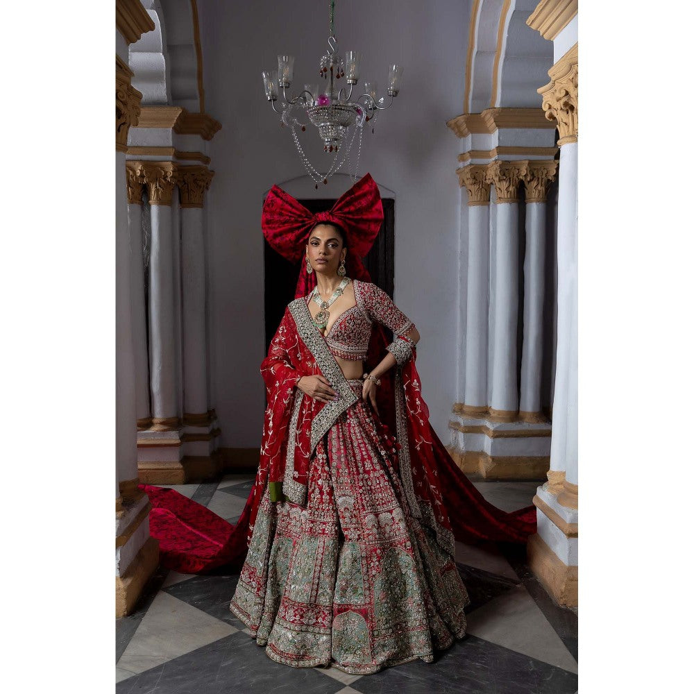 Aangan by Parul Red Scarlet Enchantment Lehenga with Blouse and Dupatta (Set of 3)
