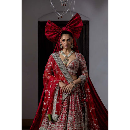 Aangan by Parul Red Scarlet Enchantment Lehenga with Blouse and Dupatta (Set of 3)