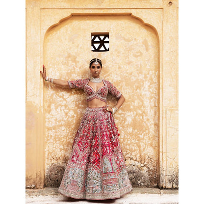 Aangan by Parul Red Scarlet Enchantment Lehenga with Blouse and Dupatta (Set of 3)