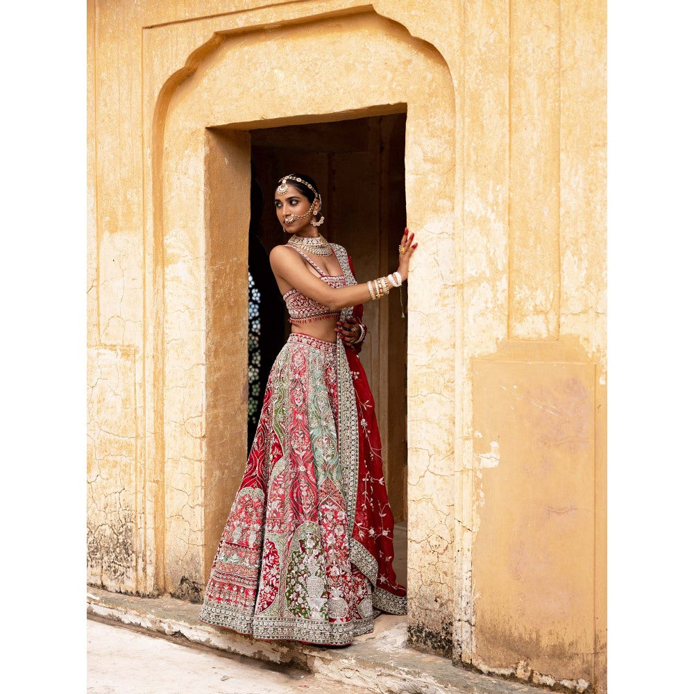 Aangan by Parul Red Eclipsed Ruby Wedding Lehenga with Blouse and Dupatta (Set of 3)