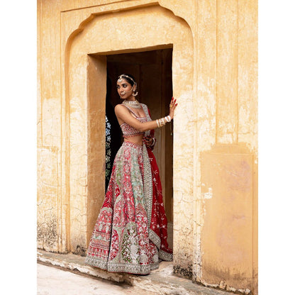 Aangan by Parul Red Eclipsed Ruby Wedding Lehenga with Blouse and Dupatta (Set of 3)