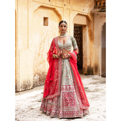 Aangan by Parul Green Radiant Vermilion Lehenga with Blouse and Dupatta (Set of 3)