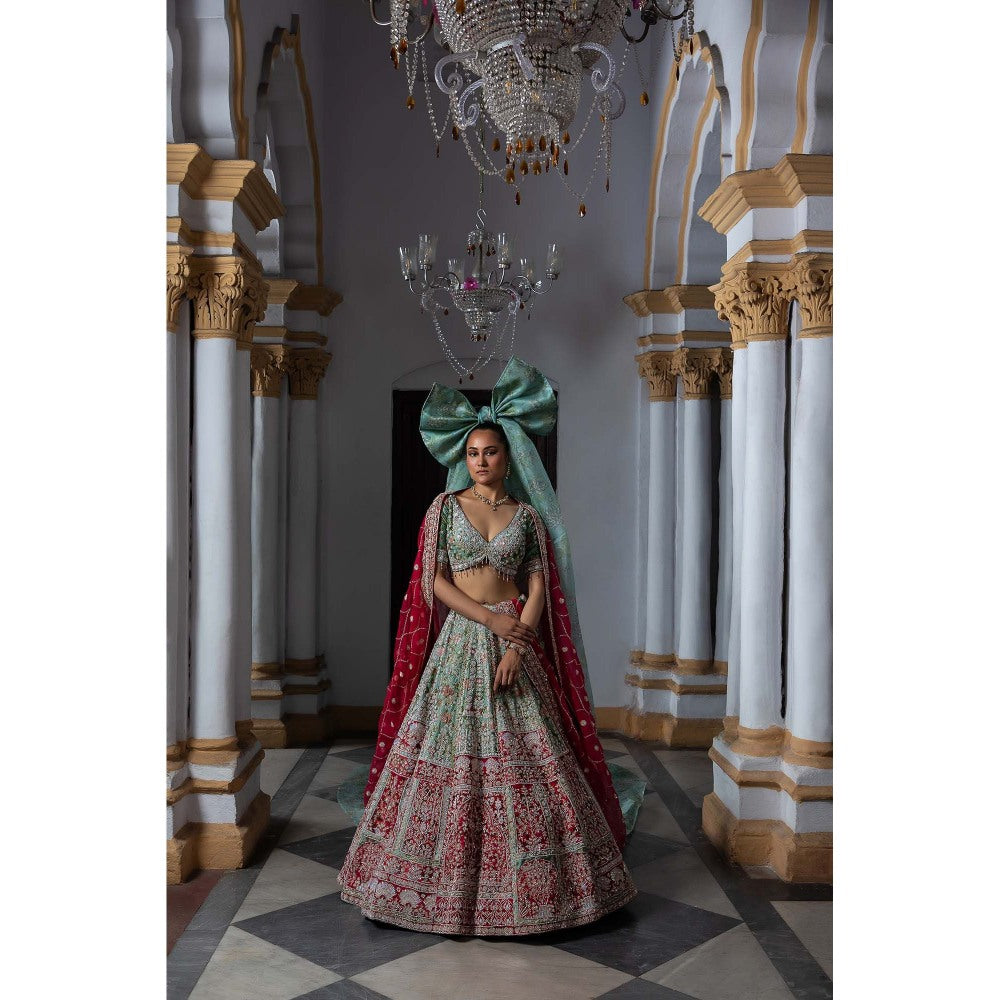 Aangan by Parul Green Radiant Vermilion Lehenga with Blouse and Dupatta (Set of 3)