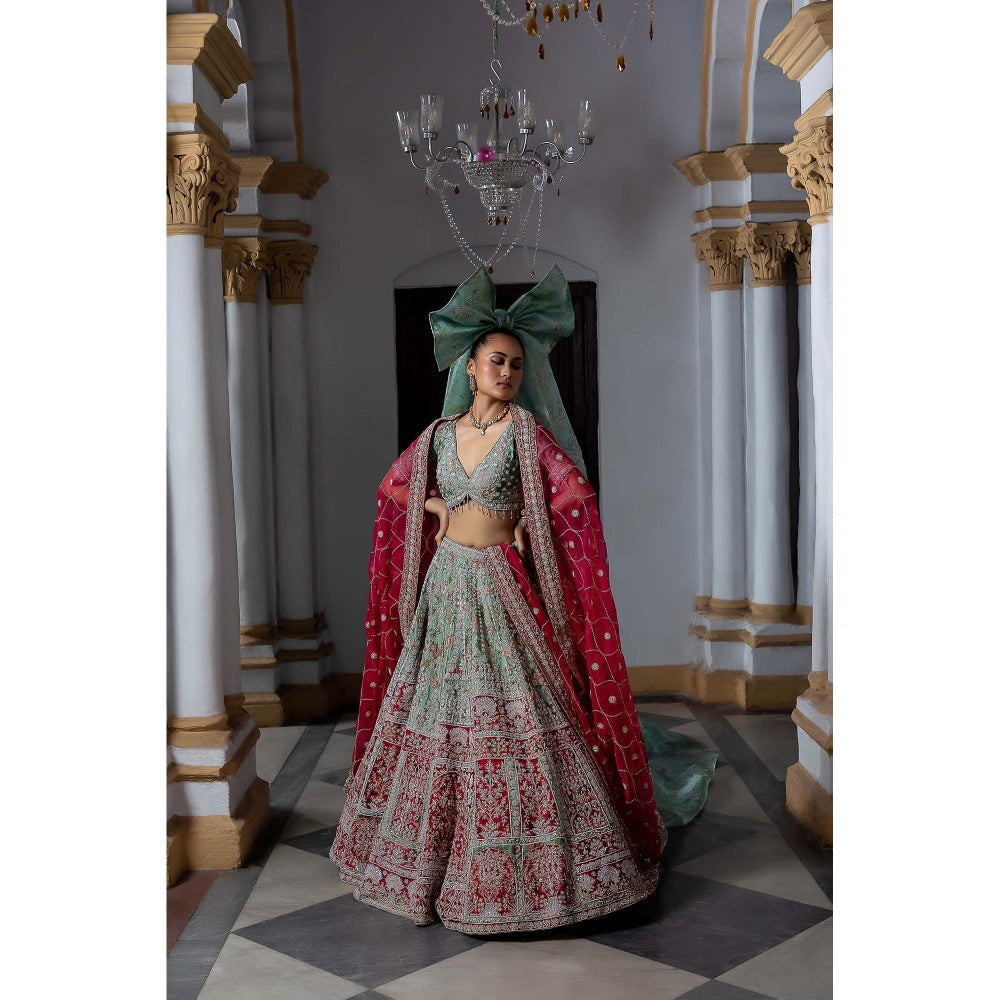 Aangan by Parul Green Radiant Vermilion Lehenga with Blouse and Dupatta (Set of 3)