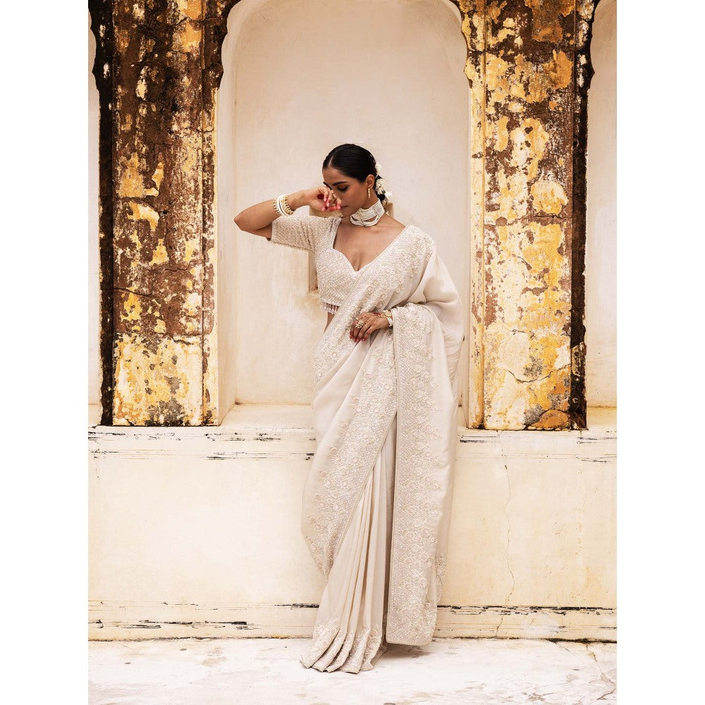 Aangan by Parul Ivory Gossamer Grace Saree with Stitched Blouse and Petticoat