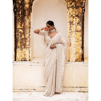 Aangan by Parul Ivory Gossamer Grace Saree with Stitched Blouse and Petticoat